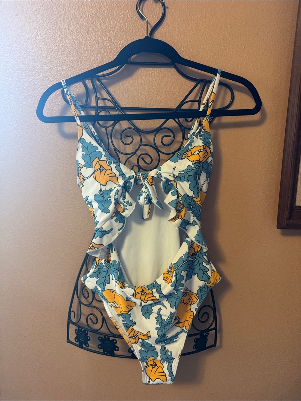 Zaful White One-Piece Swimsuit with Yellow & Teal Floral Print